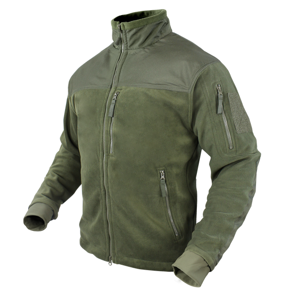 The Condor Alpha Fleece Jacket in olive green features zippered chest and sleeve pockets, a high collar, and a Velcro patch on the upper left arm, shown on an invisible mannequin.