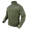 The Condor Alpha Fleece Jacket in olive green features zippered chest and sleeve pockets, a high collar, and a Velcro patch on the upper left arm, shown on an invisible mannequin.