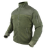The Condor Alpha Fleece Jacket in olive green features zippered chest and sleeve pockets, a high collar, and a Velcro patch on the upper left arm, shown on an invisible mannequin.