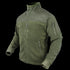The Condor Alpha Fleece Jacket in olive green features zippered chest and sleeve pockets, a high collar, and a Velcro patch on the upper left arm, shown on an invisible mannequin.