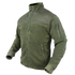 The Condor Alpha Fleece Jacket in olive green features zippered chest and sleeve pockets, a high collar, and a Velcro patch on the upper left arm, shown on an invisible mannequin.