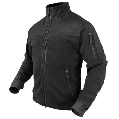 The Condor Alpha Fleece Jacket is a black zip-up with a high collar, zippered chest and side pockets, plus an upper left sleeve patch, displayed on a mannequin.