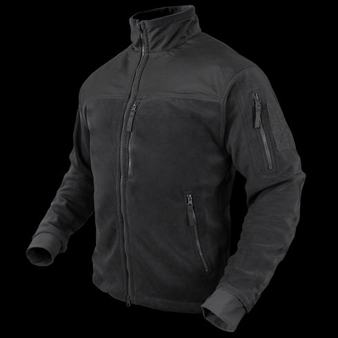 The Condor Alpha Fleece Jacket is a black zip-up with a high collar, zippered chest and side pockets, plus an upper left sleeve patch, displayed on a mannequin.