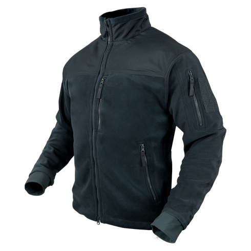 The Condor Alpha Fleece Jacket is a dark-colored, long-sleeve tactical jacket with a zip-up front, high collar, and multiple zippered pockets, shown on a plain background.