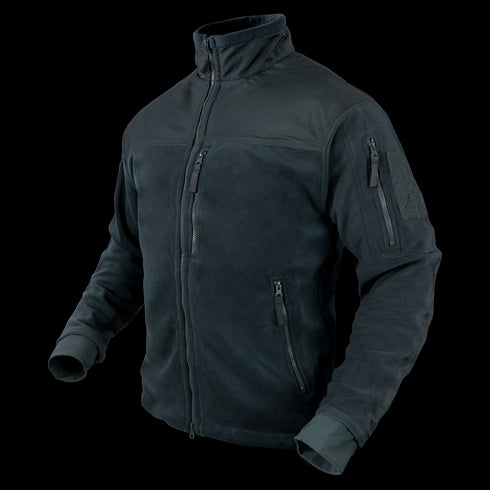 The Condor Alpha Fleece Jacket is a dark-colored, long-sleeve tactical jacket with a zip-up front, high collar, and multiple zippered pockets, shown on a plain background.