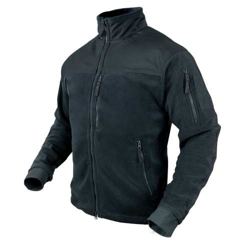 The Condor Alpha Fleece Jacket is a dark-colored, long-sleeve tactical jacket with a zip-up front, high collar, and multiple zippered pockets, shown on a plain background.