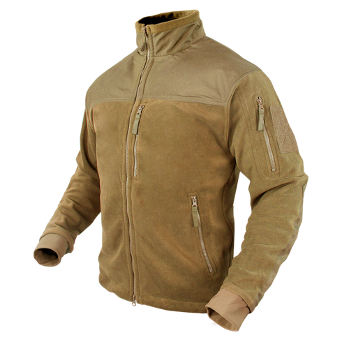 The Condor Alpha Fleece Jacket in tan features multiple zippered pockets and a high collar, shown against a plain background.