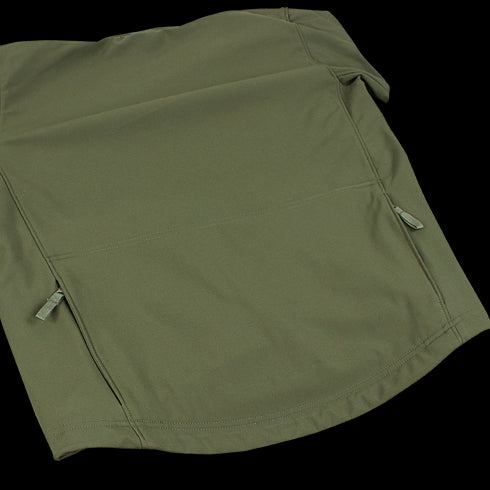 The Condor Summit Softshell Jacket in olive green features side zippers and is displayed laid flat on a white background.