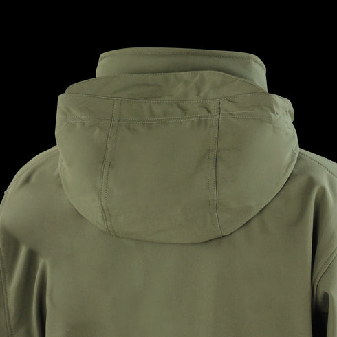 Back view of the Condor Summit Softshell Jacket in olive green, designed for cold weather with a tactical hood and visible seam stitching details.