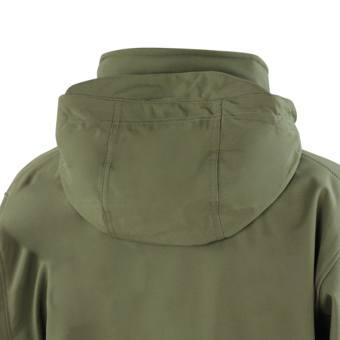 Back view of the Condor Summit Softshell Jacket in olive green, designed for cold weather with a tactical hood and visible seam stitching details.