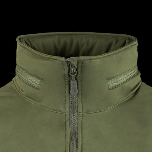 Close-up of the Condor Summit Softshell Jacket in olive green, featuring a high collar, front zipper, and dual horizontal Velcro patches for enhanced thermal insulation in cold weather.