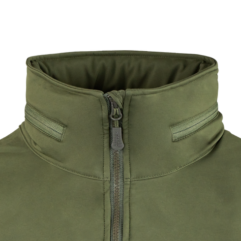 Close-up of the Condor Summit Softshell Jacket in olive green, featuring a high collar, front zipper, and dual horizontal Velcro patches for enhanced thermal insulation in cold weather.