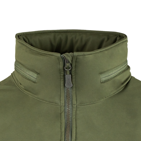 Close-up of the Condor Summit Softshell Jacket in olive green, featuring a high collar, front zipper, and dual horizontal Velcro patches for enhanced thermal insulation in cold weather.