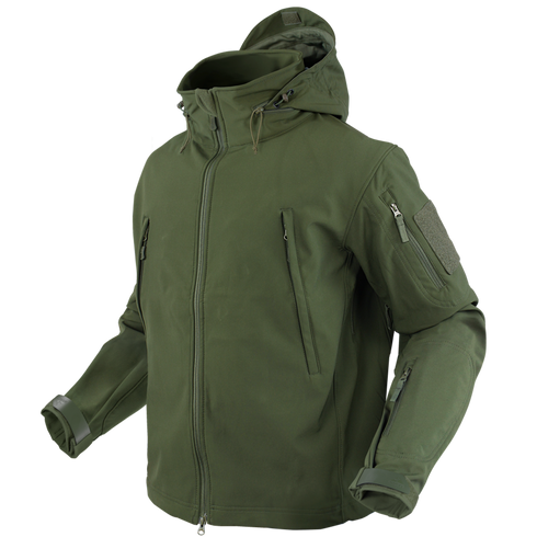 The Condor Summit Softshell Jacket in olive green features multiple zippered pockets, a front zipper closure, and adjustable cuffs—ideal for first responders or shooting range use. Shown on an invisible mannequin.