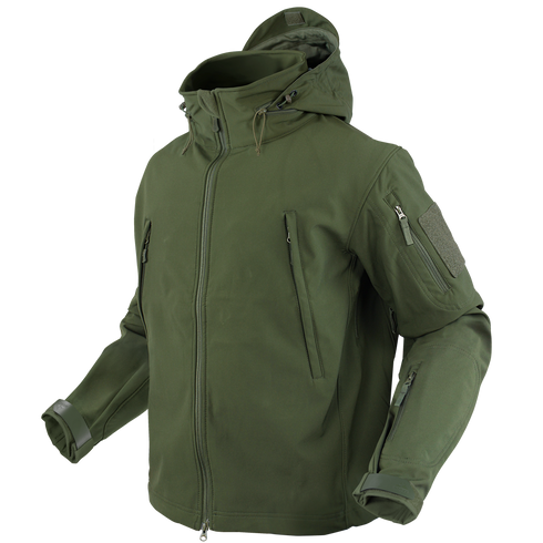 The Condor Summit Softshell Jacket in olive green features multiple zippered pockets, a front zipper closure, and adjustable cuffs—ideal for first responders or shooting range use. Shown on an invisible mannequin.