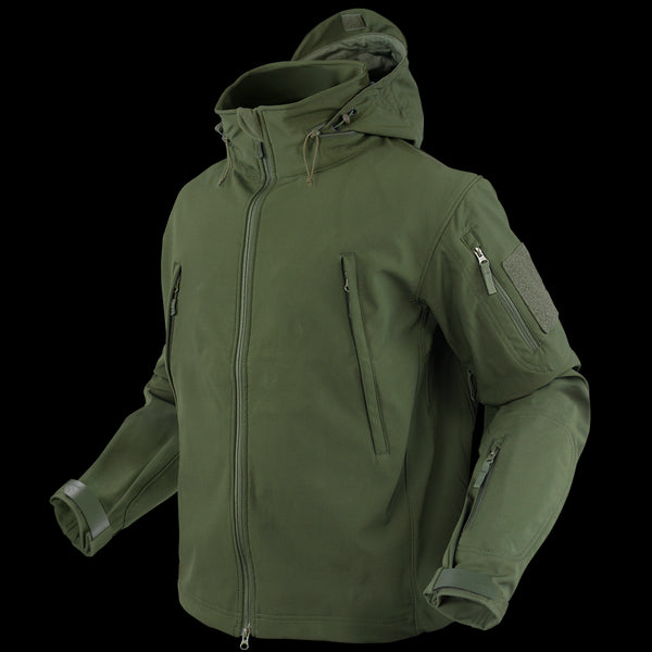 The Condor Summit Softshell Jacket in olive green features multiple zippered pockets, a front zipper closure, and adjustable cuffs—ideal for first responders or shooting range use. Shown on an invisible mannequin.