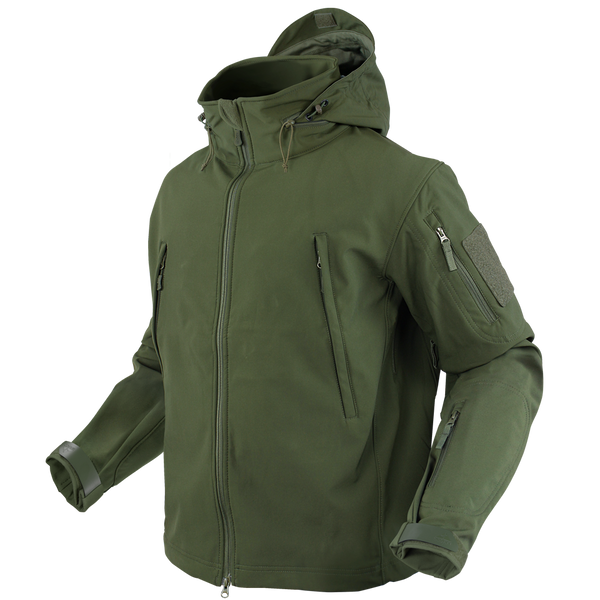 The Condor Summit Softshell Jacket in olive green features multiple zippered pockets, a front zipper closure, and adjustable cuffs—ideal for first responders or shooting range use. Shown on an invisible mannequin.