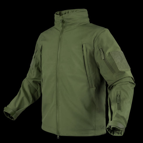 The Condor Summit Softshell Jacket features multiple zippered pockets, adjustable cuffs, a high collar, and a Velcro patch on the upper arm—perfect for law enforcement or military use—shown against a white background.