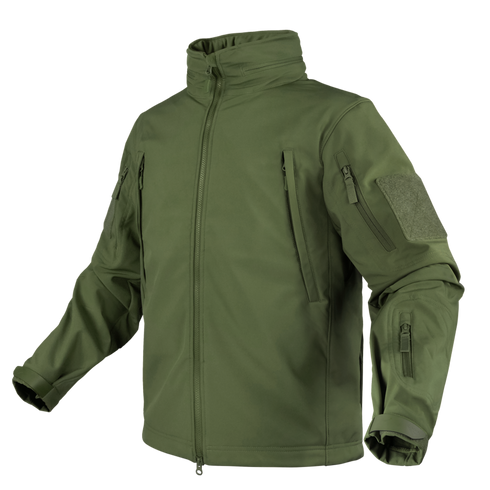 The Condor Summit Softshell Jacket features multiple zippered pockets, adjustable cuffs, a high collar, and a Velcro patch on the upper arm—perfect for law enforcement or military use—shown against a white background.