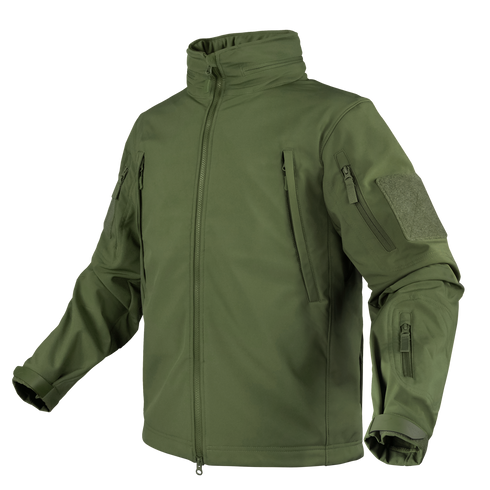 The Condor Summit Softshell Jacket features multiple zippered pockets, adjustable cuffs, a high collar, and a Velcro patch on the upper arm—perfect for law enforcement or military use—shown against a white background.