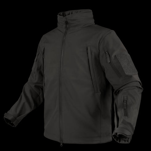 The Condor Summit Softshell Jacket features multiple zippered pockets on the chest, sleeves, and arms, designed for military or law enforcement use. Shown here on a plain white background.