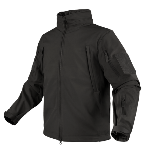 The Condor Summit Softshell Jacket features multiple zippered pockets on the chest, sleeves, and arms, designed for military or law enforcement use. Shown here on a plain white background.