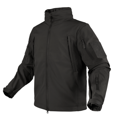 The Condor Summit Softshell Jacket features multiple zippered pockets on the chest, sleeves, and arms, designed for military or law enforcement use. Shown here on a plain white background.