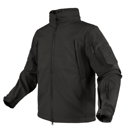 The Condor Summit Softshell Jacket features multiple zippered pockets on the chest, sleeves, and arms, designed for military or law enforcement use. Shown here on a plain white background.