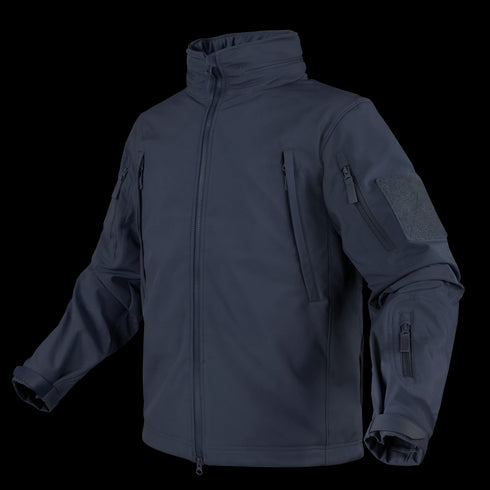 The Condor Summit Softshell Jacket features a dark navy design, high collar, full front zipper, zippered pockets, and a hook-and-loop sleeve patch—perfect for bushcraft enthusiasts and outdoor adventurers.