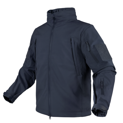 The Condor Summit Softshell Jacket features a dark navy design, high collar, full front zipper, zippered pockets, and a hook-and-loop sleeve patch—perfect for bushcraft enthusiasts and outdoor adventurers.