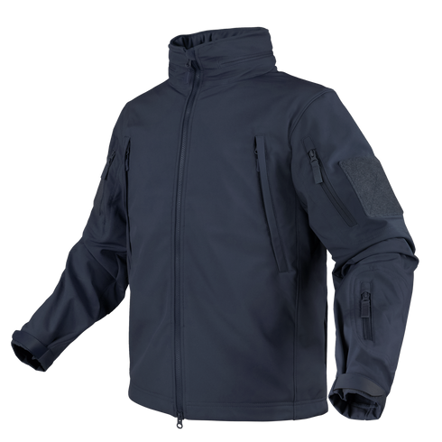 The Condor Summit Softshell Jacket features a dark navy design, high collar, full front zipper, zippered pockets, and a hook-and-loop sleeve patch—perfect for bushcraft enthusiasts and outdoor adventurers.