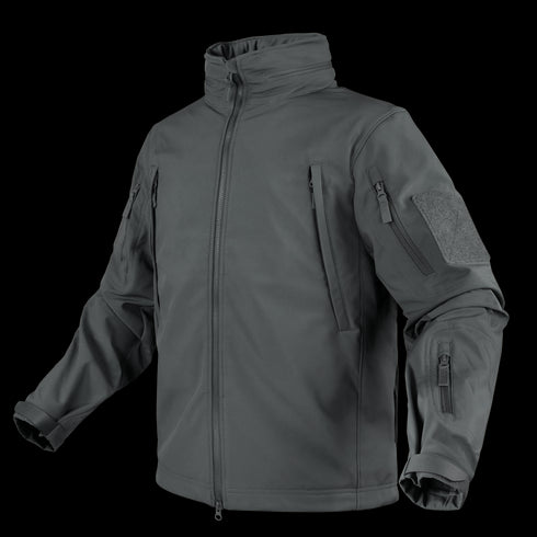 The Condor Summit Softshell Jacket is a gray tactical jacket designed for EDC or range trips, featuring multiple zippered chest, arm, and sleeve pockets. Displayed on a plain background.