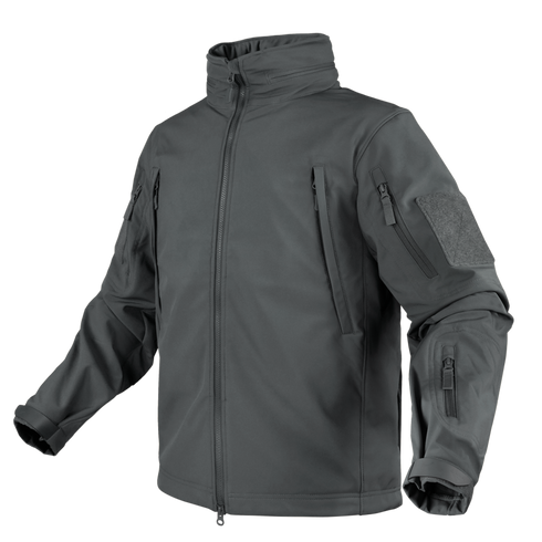 The Condor Summit Softshell Jacket is a gray tactical jacket designed for EDC or range trips, featuring multiple zippered chest, arm, and sleeve pockets. Displayed on a plain background.