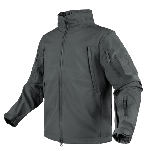 The Condor Summit Softshell Jacket is a gray tactical jacket designed for EDC or range trips, featuring multiple zippered chest, arm, and sleeve pockets. Displayed on a plain background.