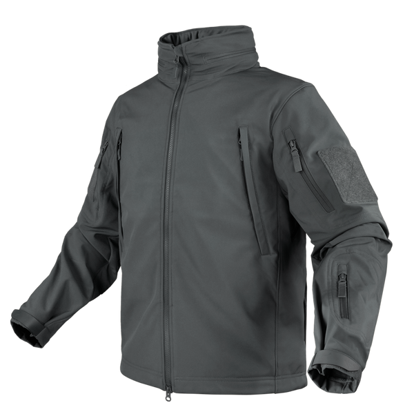 The Condor Summit Softshell Jacket is a gray tactical jacket designed for EDC or range trips, featuring multiple zippered chest, arm, and sleeve pockets. Displayed on a plain background.