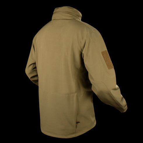 The Condor Summit Softshell Jacket in tan is shown from the back, featuring long sleeves, a high collar, and a Velcro patch on the right sleeve—ideal for EDC or range trips.