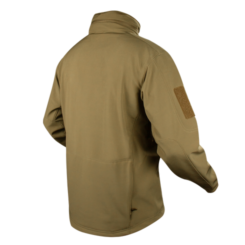 The Condor Summit Softshell Jacket in tan is shown from the back, featuring long sleeves, a high collar, and a Velcro patch on the right sleeve—ideal for EDC or range trips.