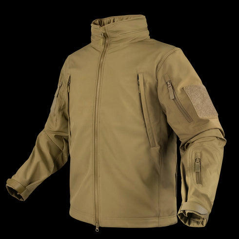 The Condor Summit Softshell Jacket is a tan tactical jacket with zippered chest and sleeve pockets, ideal for EDC, featuring a high collar and Velcro patches on the upper arms.
