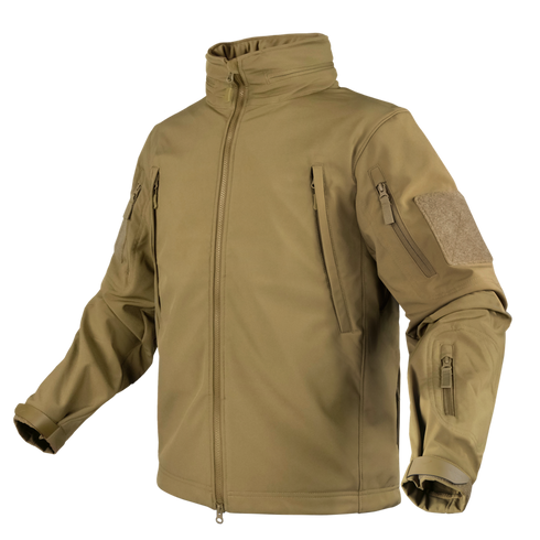 The Condor Summit Softshell Jacket is a tan tactical jacket with zippered chest and sleeve pockets, ideal for EDC, featuring a high collar and Velcro patches on the upper arms.