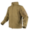 The Condor Summit Softshell Jacket is a tan tactical jacket with zippered chest and sleeve pockets, ideal for EDC, featuring a high collar and Velcro patches on the upper arms.