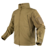 The Condor Summit Softshell Jacket is a tan tactical jacket with zippered chest and sleeve pockets, ideal for EDC, featuring a high collar and Velcro patches on the upper arms.