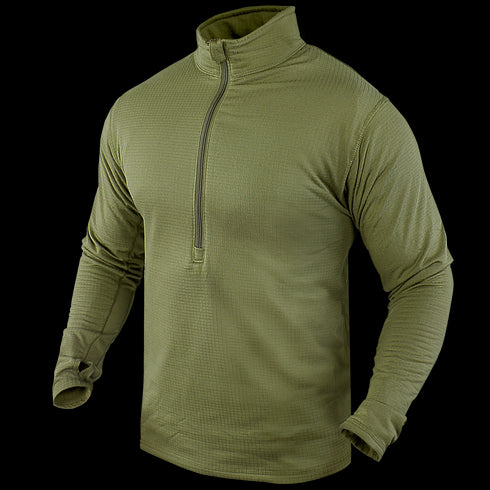 The Condor Base II Zip Pullover is an olive green, long-sleeve quarter-zip shirt with a high collar, shown on a featureless mannequin and no visible branding.
