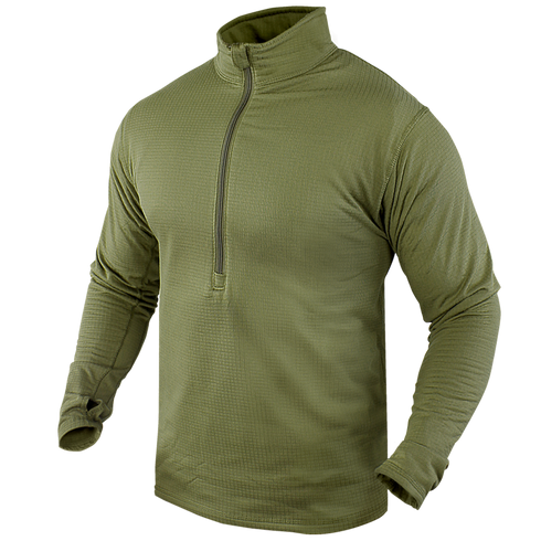 The Condor Base II Zip Pullover is an olive green, long-sleeve quarter-zip shirt with a high collar, shown on a featureless mannequin and no visible branding.
