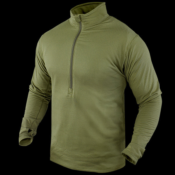 The Condor Base II Zip Pullover is an olive green, long-sleeve quarter-zip shirt with a high collar, shown on a featureless mannequin and no visible branding.