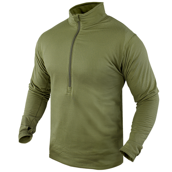 The Condor Base II Zip Pullover is an olive green, long-sleeve quarter-zip shirt with a high collar, shown on a featureless mannequin and no visible branding.