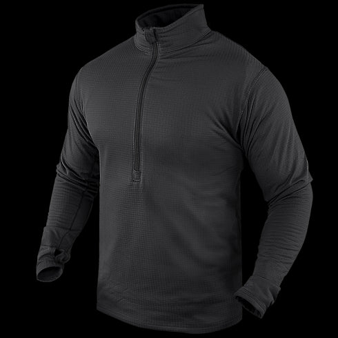 The Condor Base II Zip Pullover is a black long-sleeve top with a quarter-zip front and high collar, shown on a plain background.
