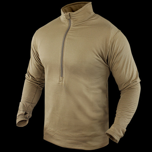 The Condor Base II Zip Pullover, shown on a headless mannequin, features a tan color, long sleeves, a quarter-zip front, and a mock neck.