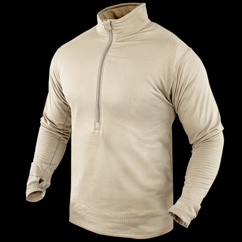 The Condor Base II Zip Pullover is a beige, long-sleeve, quarter-zip top with a high collar and thumb holes, shown on a plain background.