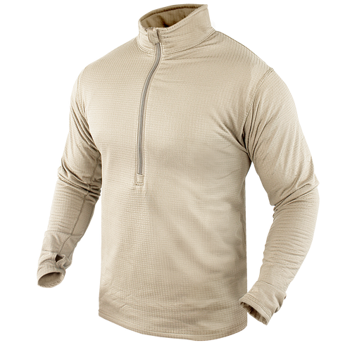 The Condor Base II Zip Pullover is a beige, long-sleeve, quarter-zip top with a high collar and thumb holes, shown on a plain background.