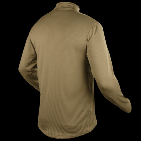 The Condor Base II Zip Pullover is a light brown long-sleeve shirt with a high collar, shown from the back, and features subtle textured fabric.